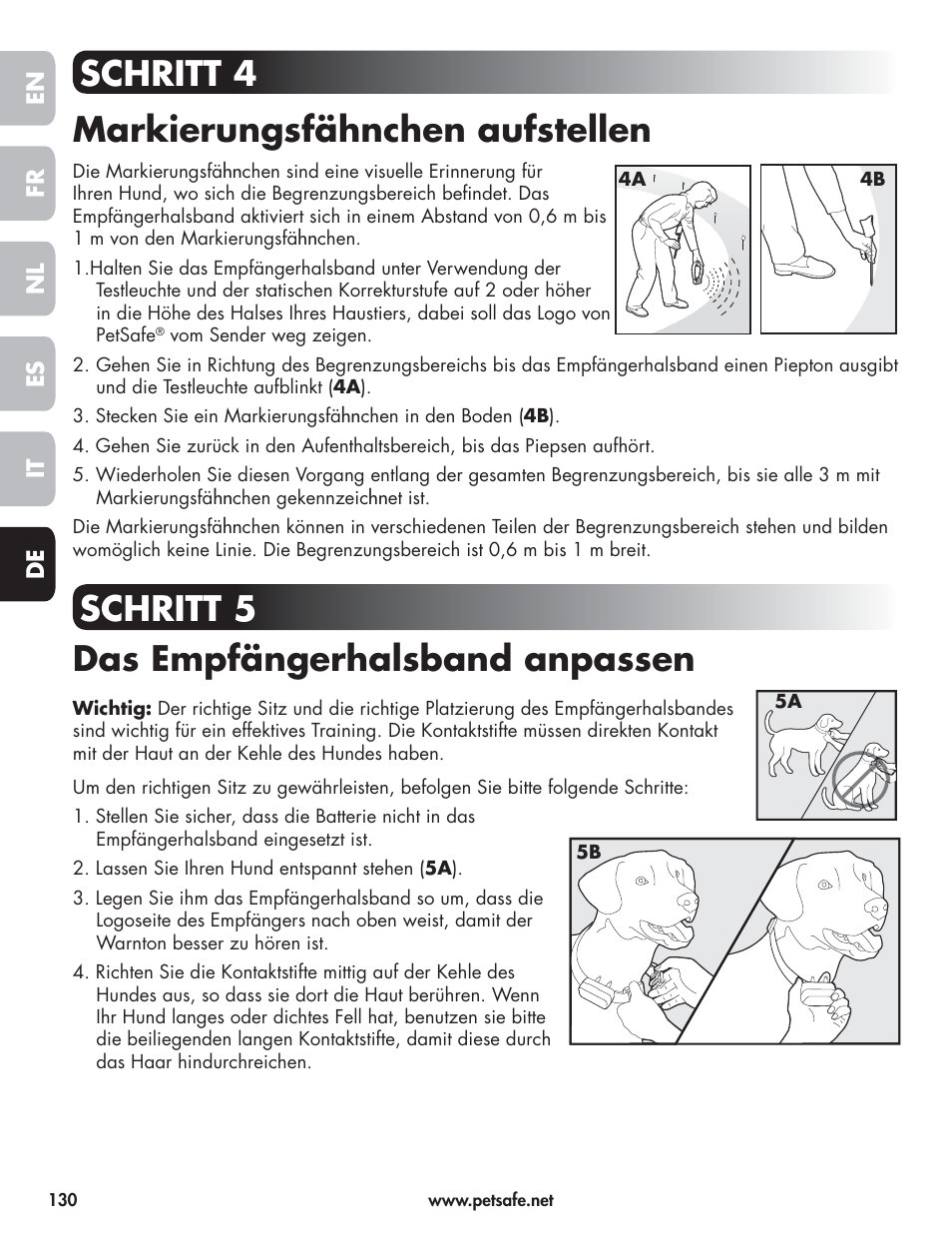 Schritt 4 markierungsfähnchen aufstellen, Schritt 5 das empfängerhalsband anpassen, En fr es nl it de | Petsafe Wireless Pet Containment System PIF-300-21 User Manual | Page 130 / 144
