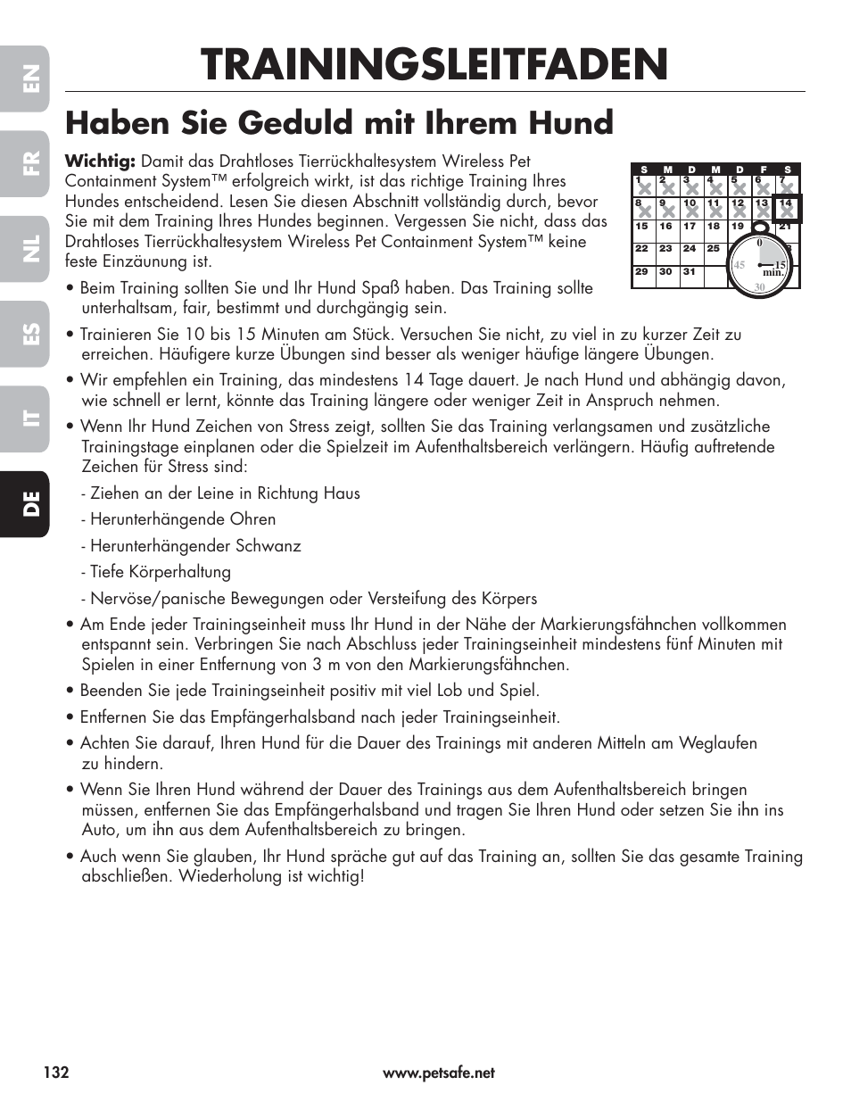 Trainingsleitfaden, Haben sie geduld mit ihrem hund, En fr es nl it de | Petsafe Wireless Pet Containment System PIF-300-21 User Manual | Page 132 / 144
