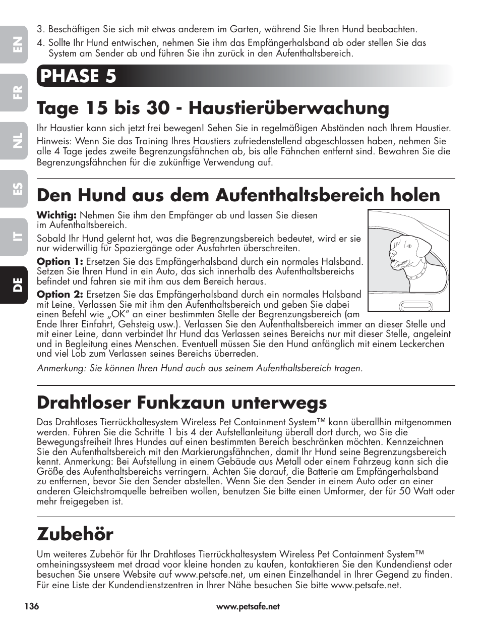 Den hund aus dem aufenthaltsbereich holen, Drahtloser funkzaun unterwegs, Zubehör | Petsafe Wireless Pet Containment System PIF-300-21 User Manual | Page 136 / 144
