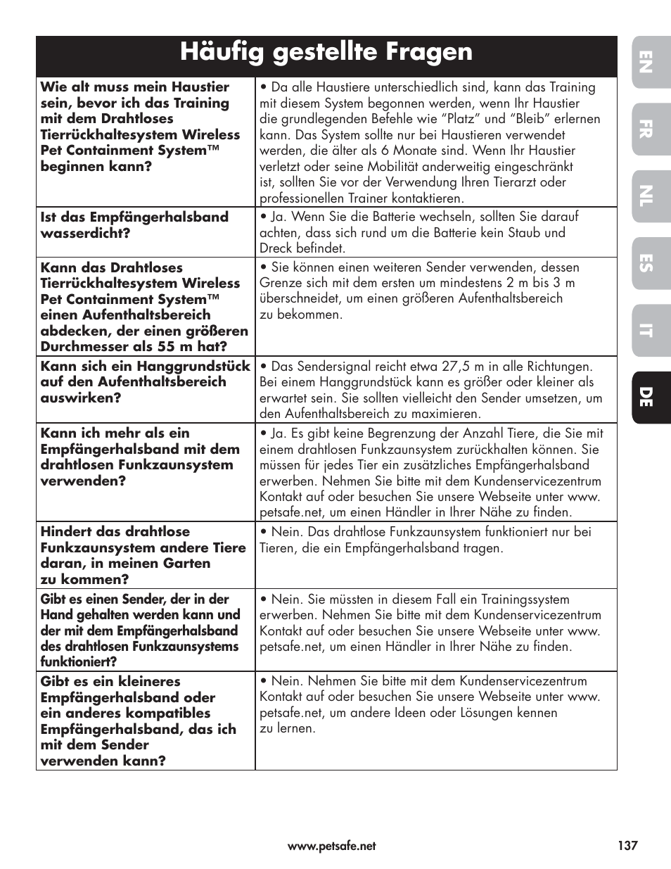 Häufi g gestellte fragen | Petsafe Wireless Pet Containment System PIF-300-21 User Manual | Page 137 / 144