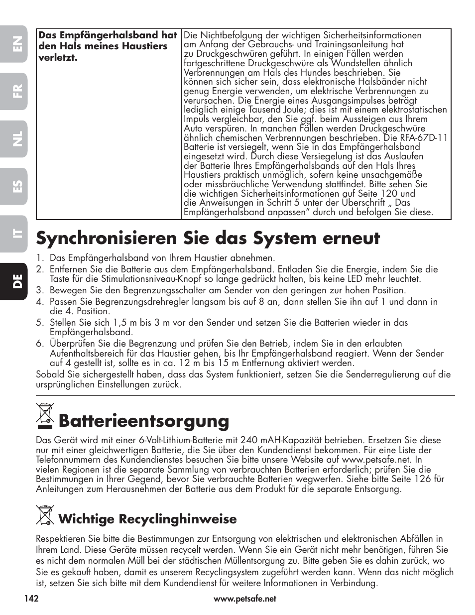 Synchronisieren sie das system erneut, Batterieentsorgung, Wichtige recyclinghinweise | En fr es nl it de | Petsafe Wireless Pet Containment System PIF-300-21 User Manual | Page 142 / 144