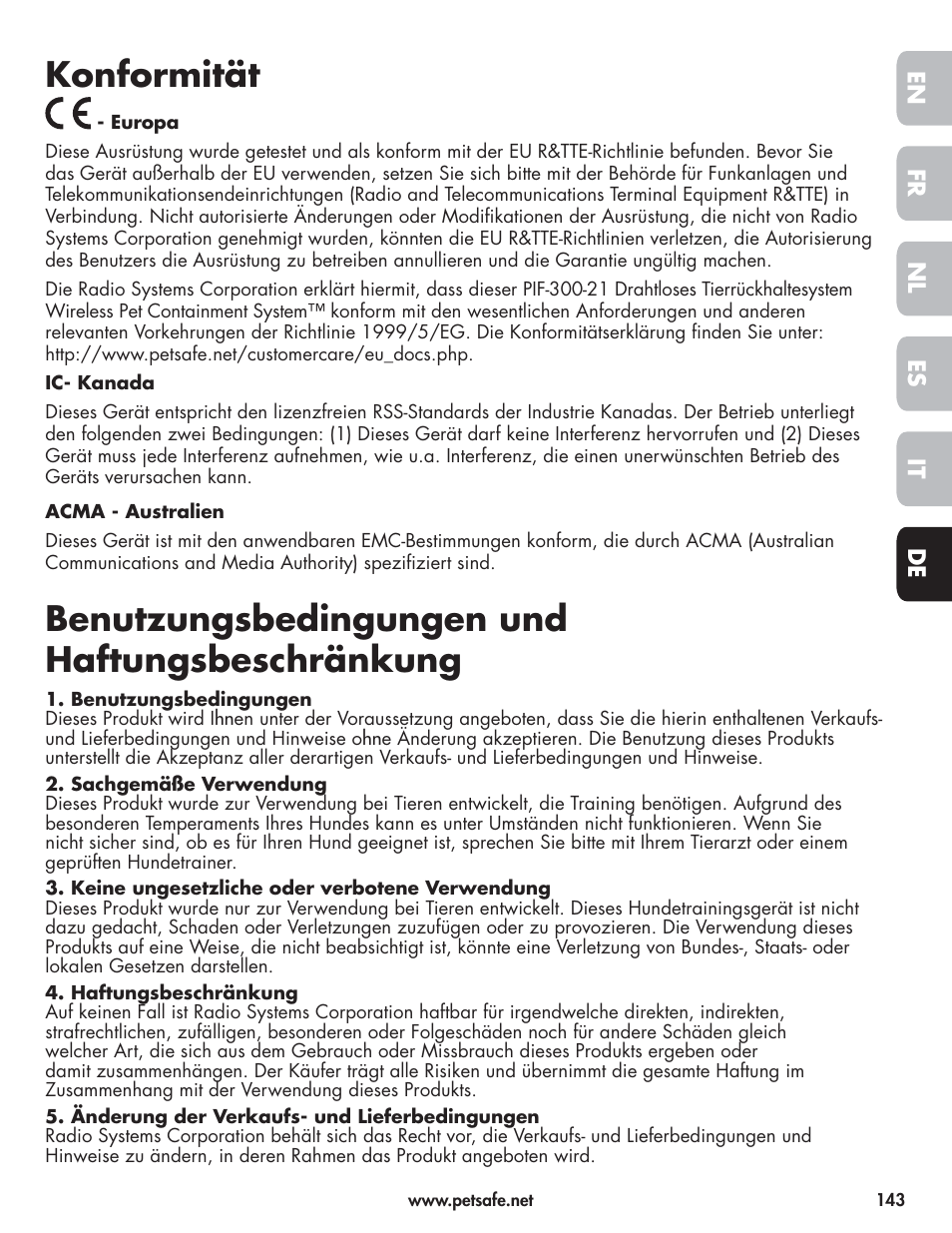 Konformität, Benutzungsbedingungen und haftungsbeschränkung | Petsafe Wireless Pet Containment System PIF-300-21 User Manual | Page 143 / 144