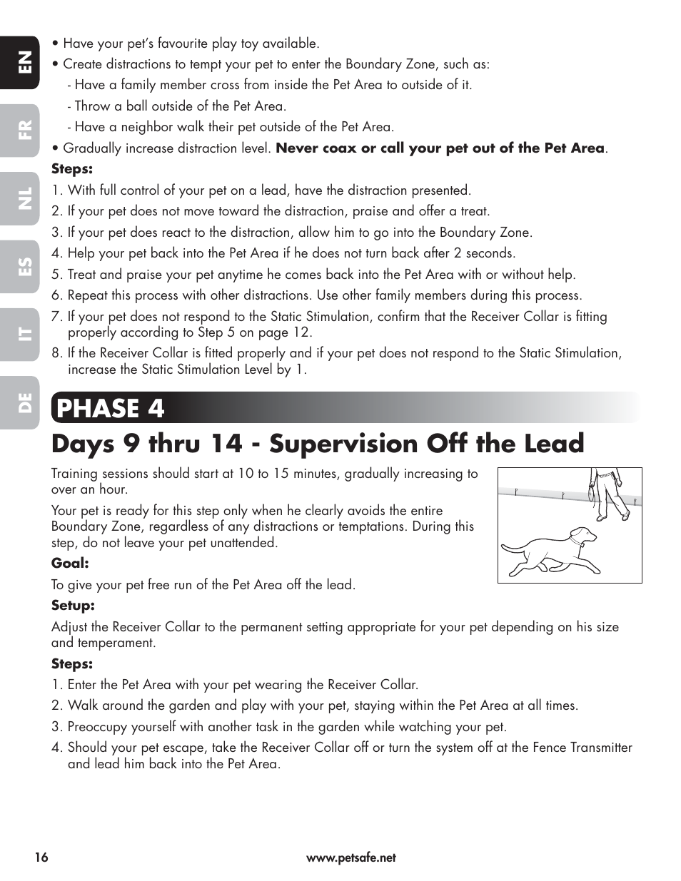 Phase 4 days 9 thru 14 - supervision off the lead | Petsafe Wireless Pet Containment System PIF-300-21 User Manual | Page 16 / 144