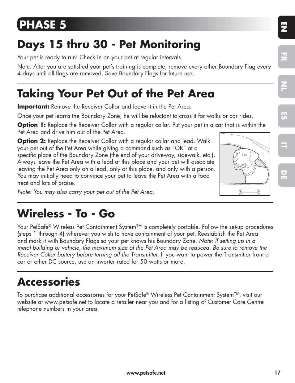 Taking your pet out of the pet area, Wireless - to - go, Accessories | Petsafe Wireless Pet Containment System PIF-300-21 User Manual | Page 17 / 144
