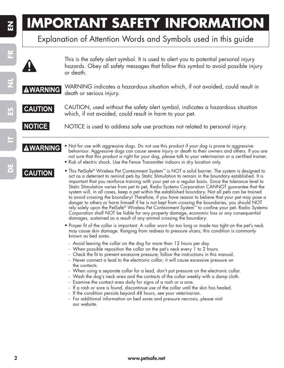 Important safety information, En fr es nl it de | Petsafe Wireless Pet Containment System PIF-300-21 User Manual | Page 2 / 144