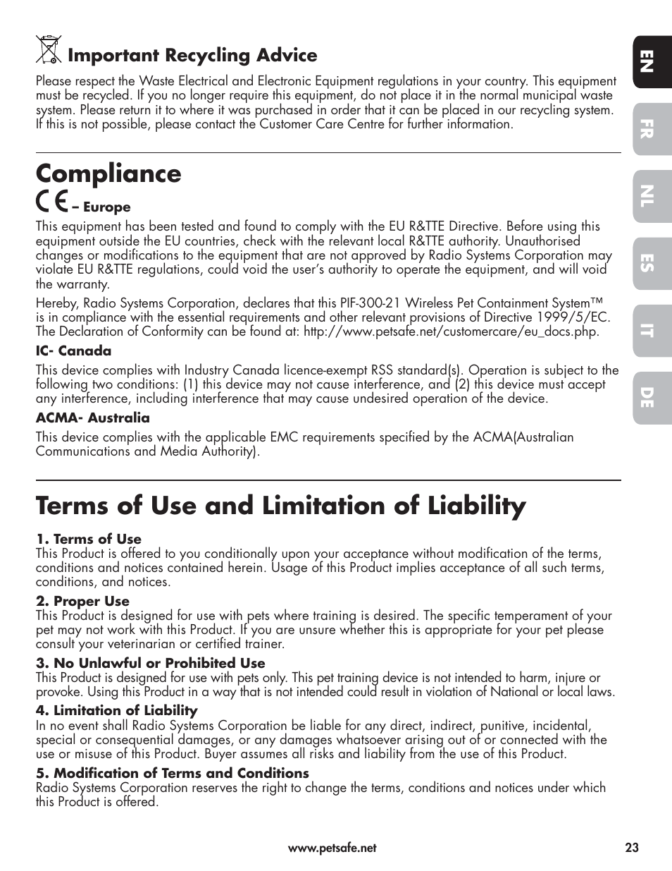 Compliance, Terms of use and limitation of liability | Petsafe Wireless Pet Containment System PIF-300-21 User Manual | Page 23 / 144