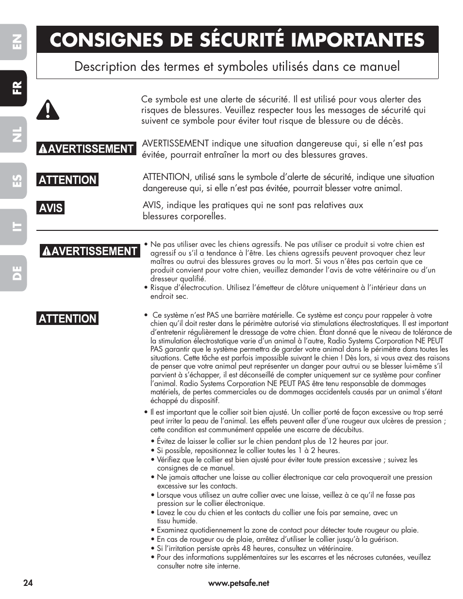 Consignes de sécurité importantes, En fr es nl it de | Petsafe Wireless Pet Containment System PIF-300-21 User Manual | Page 24 / 144