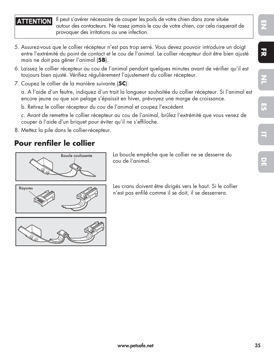 Pour renfi ler le collier, En fr es nl it de | Petsafe Wireless Pet Containment System PIF-300-21 User Manual | Page 35 / 144