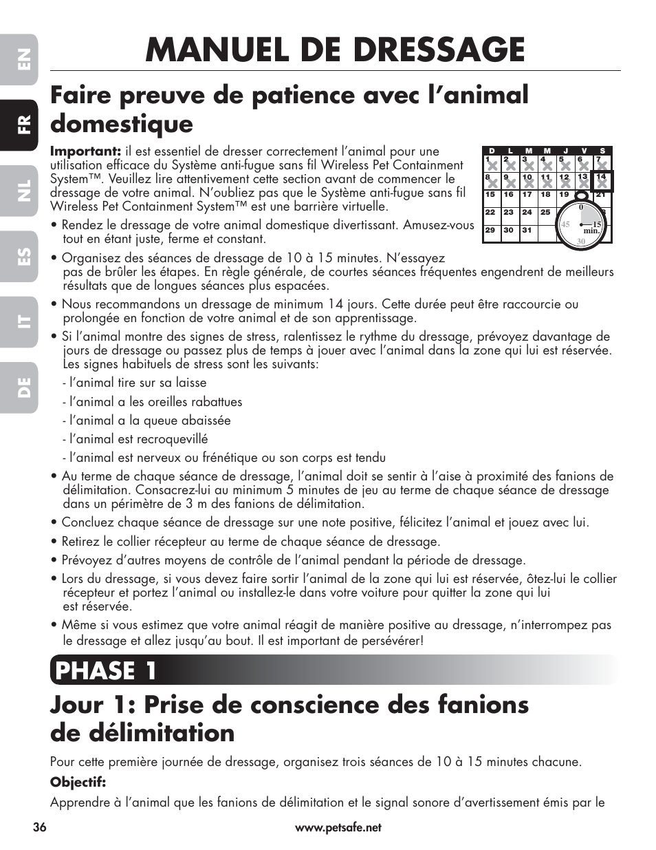 Manuel de dressage, Faire preuve de patience avec l’animal domestique, En fr es nl it de | Petsafe Wireless Pet Containment System PIF-300-21 User Manual | Page 36 / 144