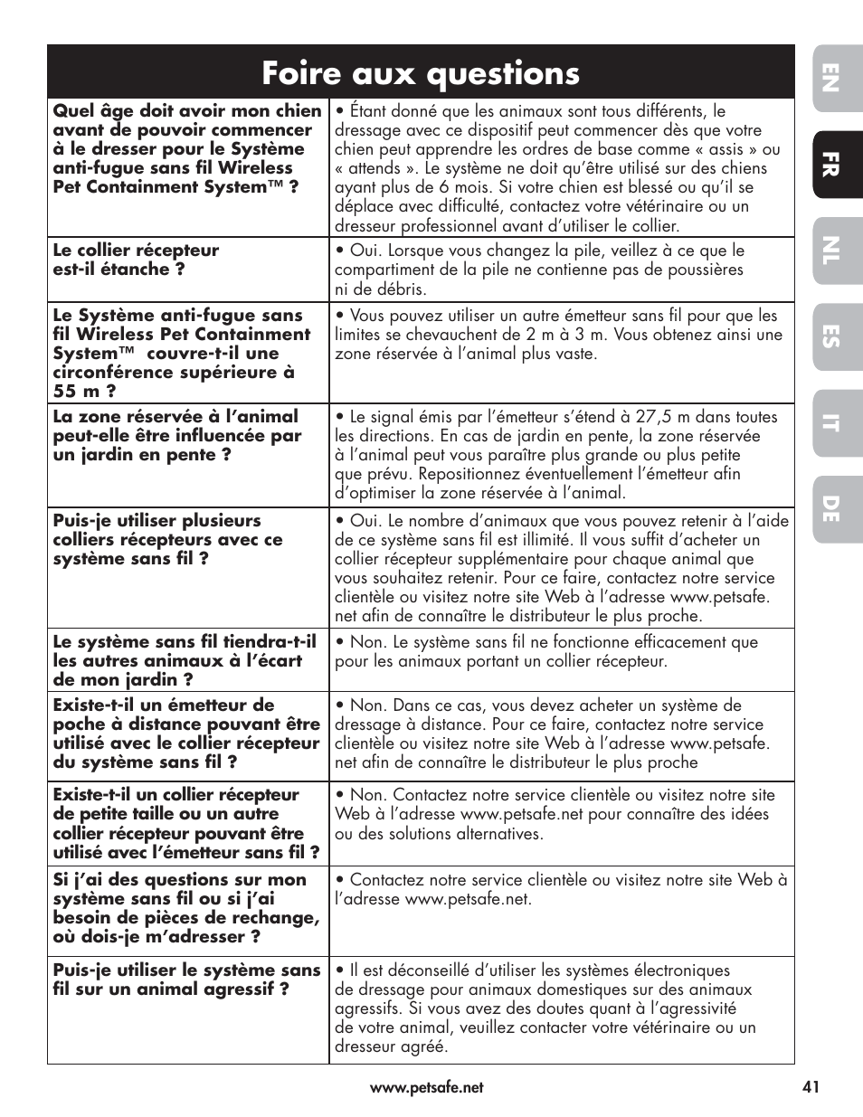 Foire aux questions, En fr es nl it de | Petsafe Wireless Pet Containment System PIF-300-21 User Manual | Page 41 / 144