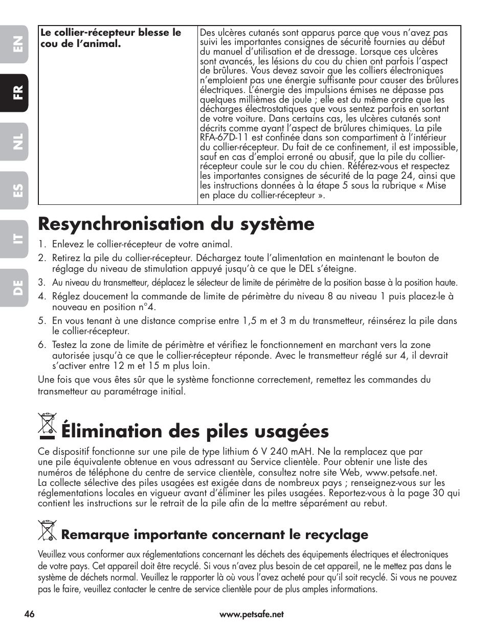 Resynchronisation du système, Élimination des piles usagées, Remarque importante concernant le recyclage | Petsafe Wireless Pet Containment System PIF-300-21 User Manual | Page 46 / 144