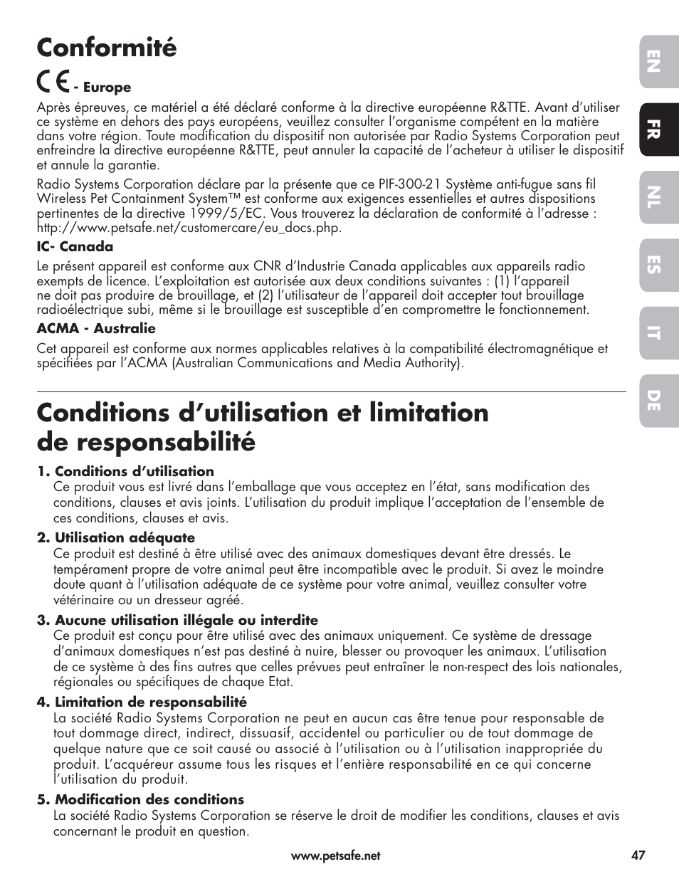 Conformité | Petsafe Wireless Pet Containment System PIF-300-21 User Manual | Page 47 / 144