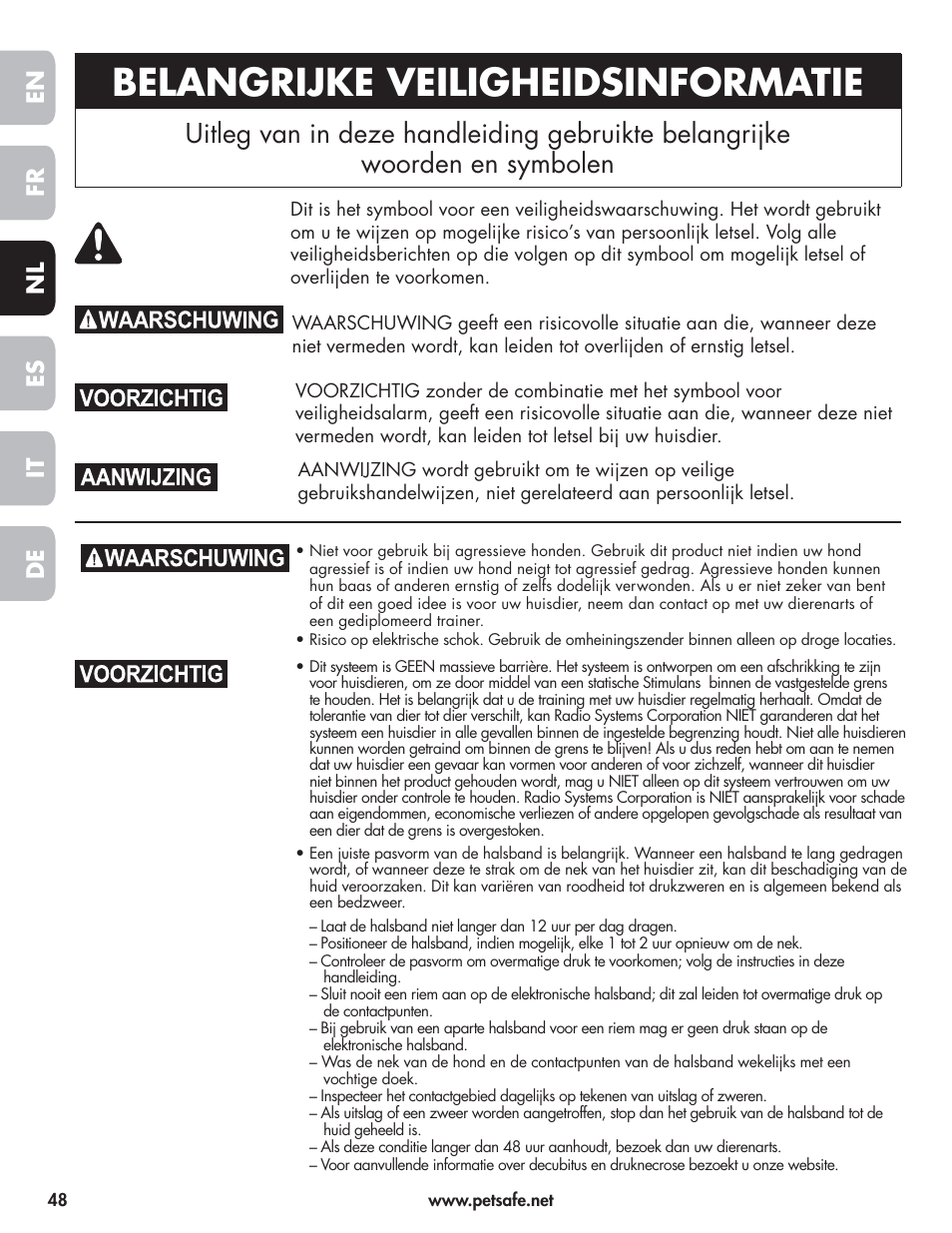 Belangrijke veiligheidsinformatie, En fr es nl it de | Petsafe Wireless Pet Containment System PIF-300-21 User Manual | Page 48 / 144