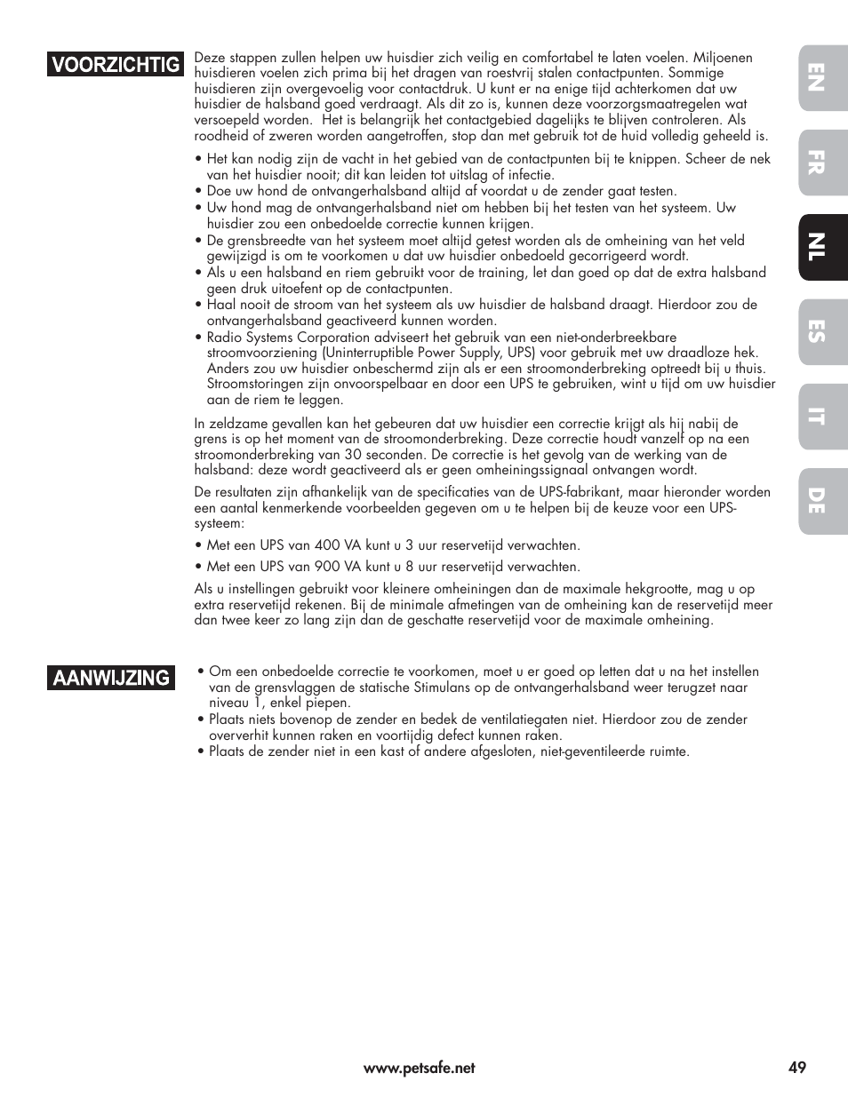 En fr es nl it de | Petsafe Wireless Pet Containment System PIF-300-21 User Manual | Page 49 / 144