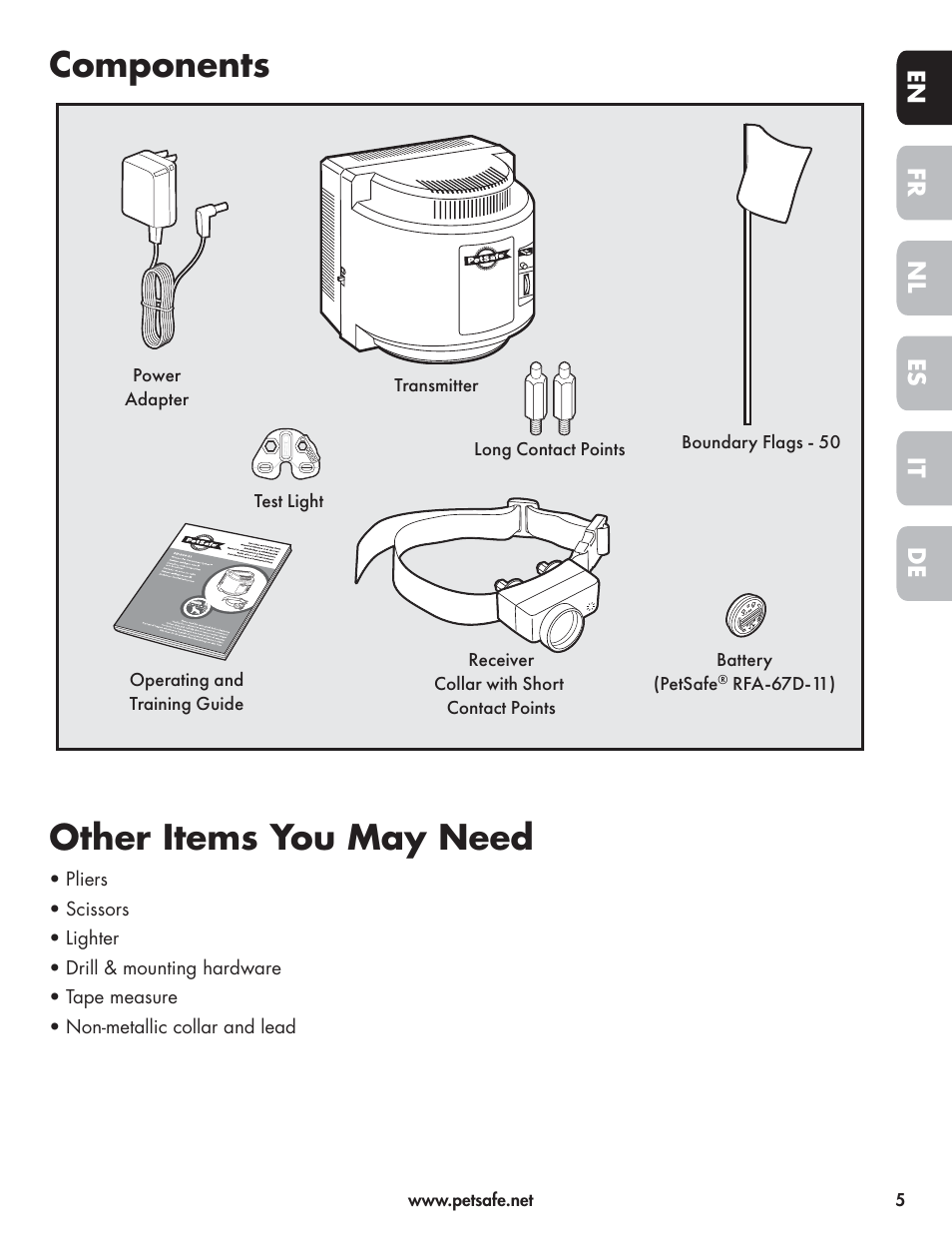 Components, Other items you may need, En fr es nl it de | Petsafe Wireless Pet Containment System PIF-300-21 User Manual | Page 5 / 144
