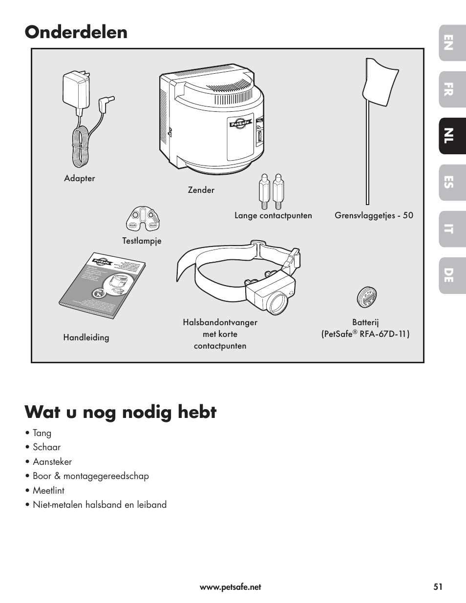 Onderdelen, Wat u nog nodig hebt, En fr es nl it de | Petsafe Wireless Pet Containment System PIF-300-21 User Manual | Page 51 / 144