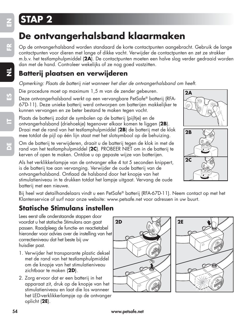 Stap 2 de ontvangerhalsband klaarmaken, Batterij plaatsen en verwijderen, Statische stimulans instellen | Petsafe Wireless Pet Containment System PIF-300-21 User Manual | Page 54 / 144