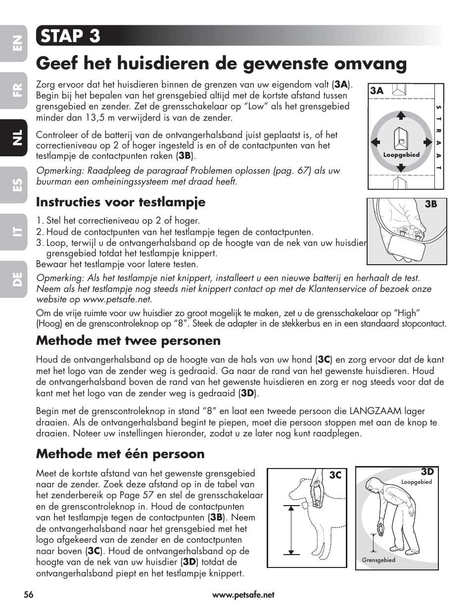 Stap 3 geef het huisdieren de gewenste omvang, Instructies voor testlampje, Methode met twee personen | Methode met één persoon | Petsafe Wireless Pet Containment System PIF-300-21 User Manual | Page 56 / 144