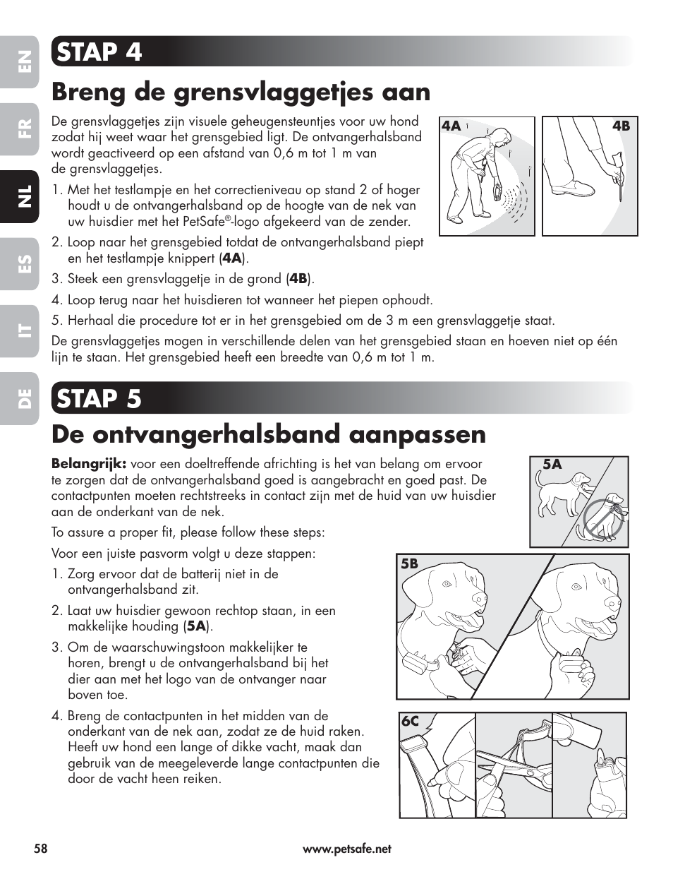 Stap 4 breng de grensvlaggetjes aan, Stap 5 de ontvangerhalsband aanpassen, En fr es nl it de | Petsafe Wireless Pet Containment System PIF-300-21 User Manual | Page 58 / 144
