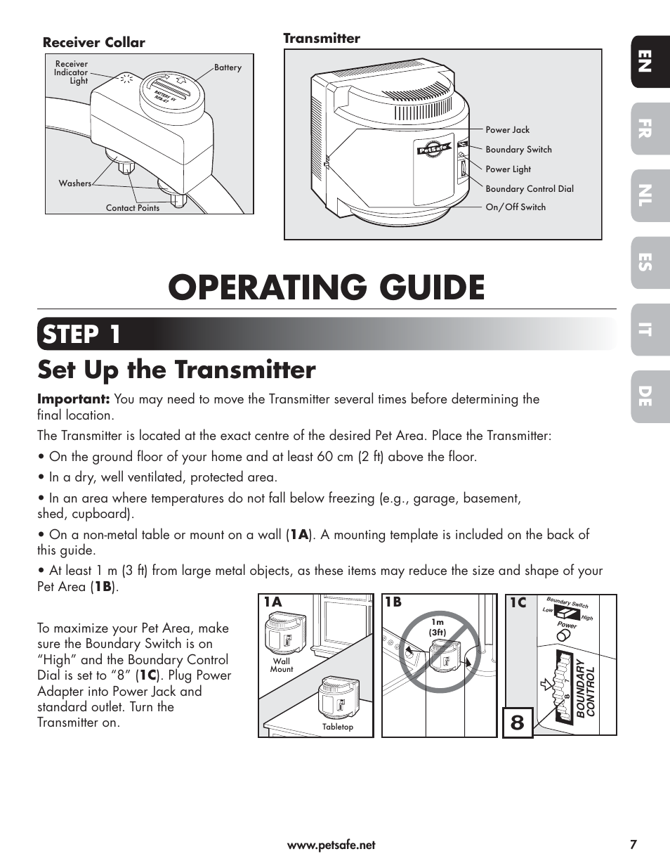 Operating guide, Step 1 set up the transmitter, En fr es nl it de | Transmitter, 1a 1b 1c | Petsafe Wireless Pet Containment System PIF-300-21 User Manual | Page 7 / 144