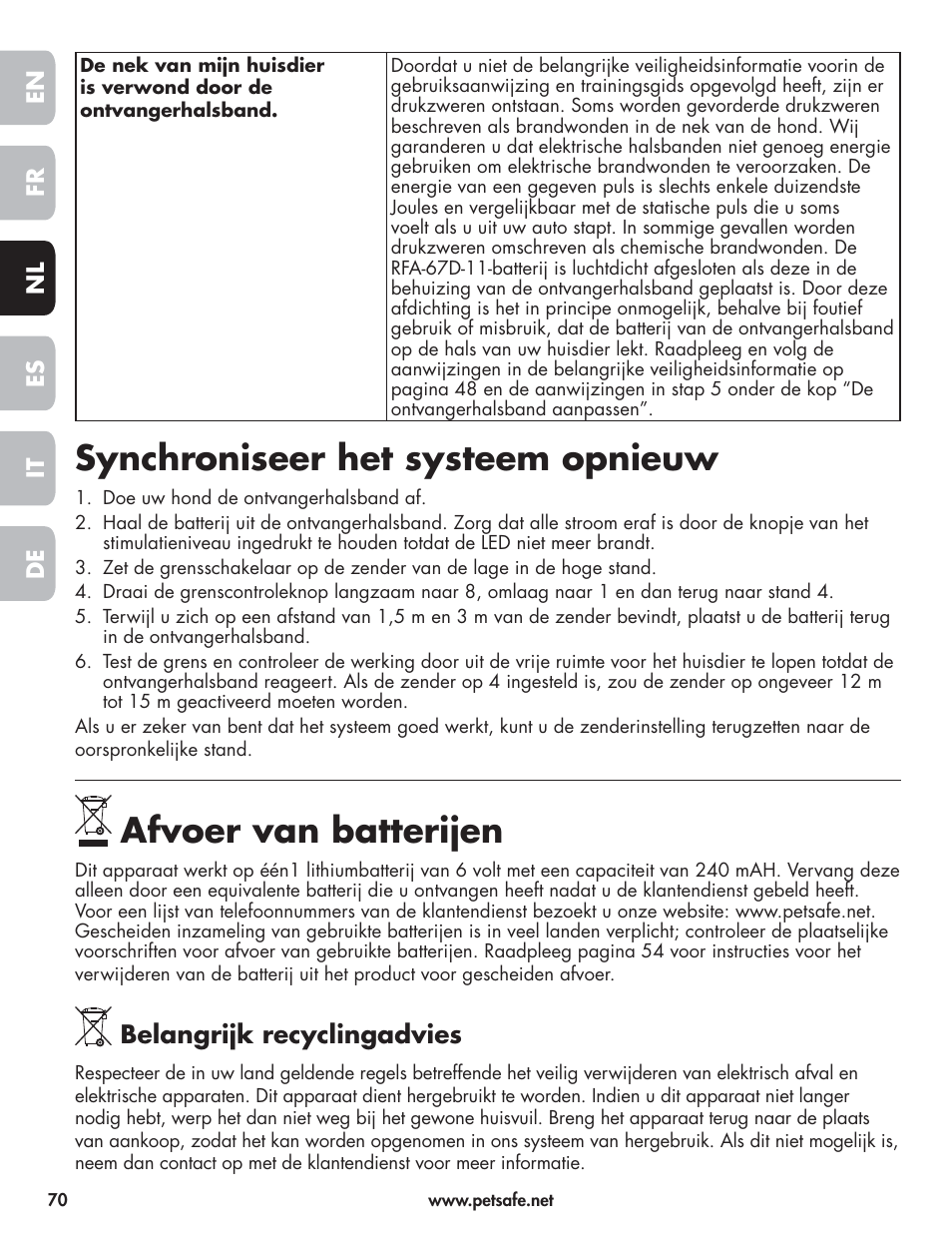 Synchroniseer het systeem opnieuw, Afvoer van batterijen | Petsafe Wireless Pet Containment System PIF-300-21 User Manual | Page 70 / 144