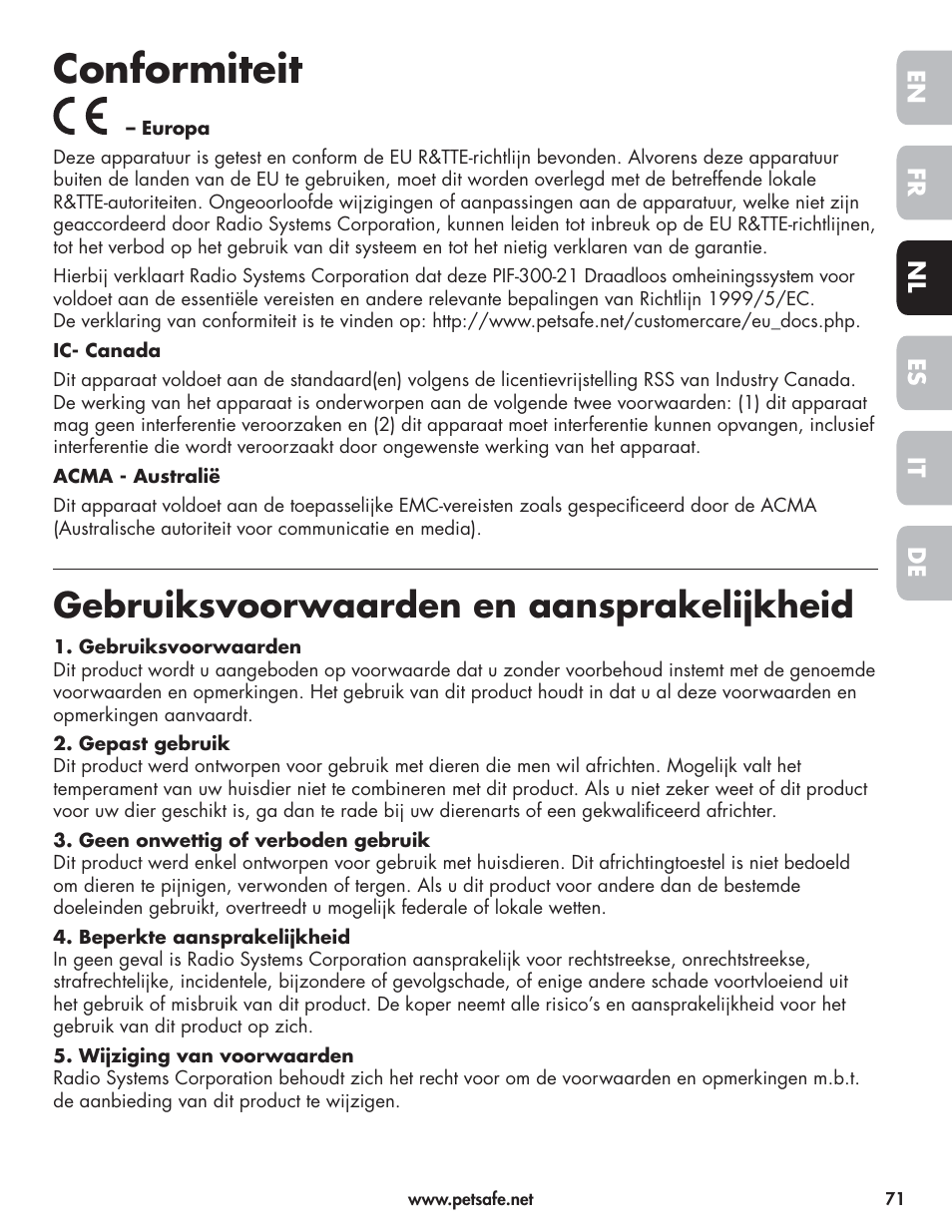 Conformiteit, Gebruiksvoorwaarden en aansprakelijkheid | Petsafe Wireless Pet Containment System PIF-300-21 User Manual | Page 71 / 144