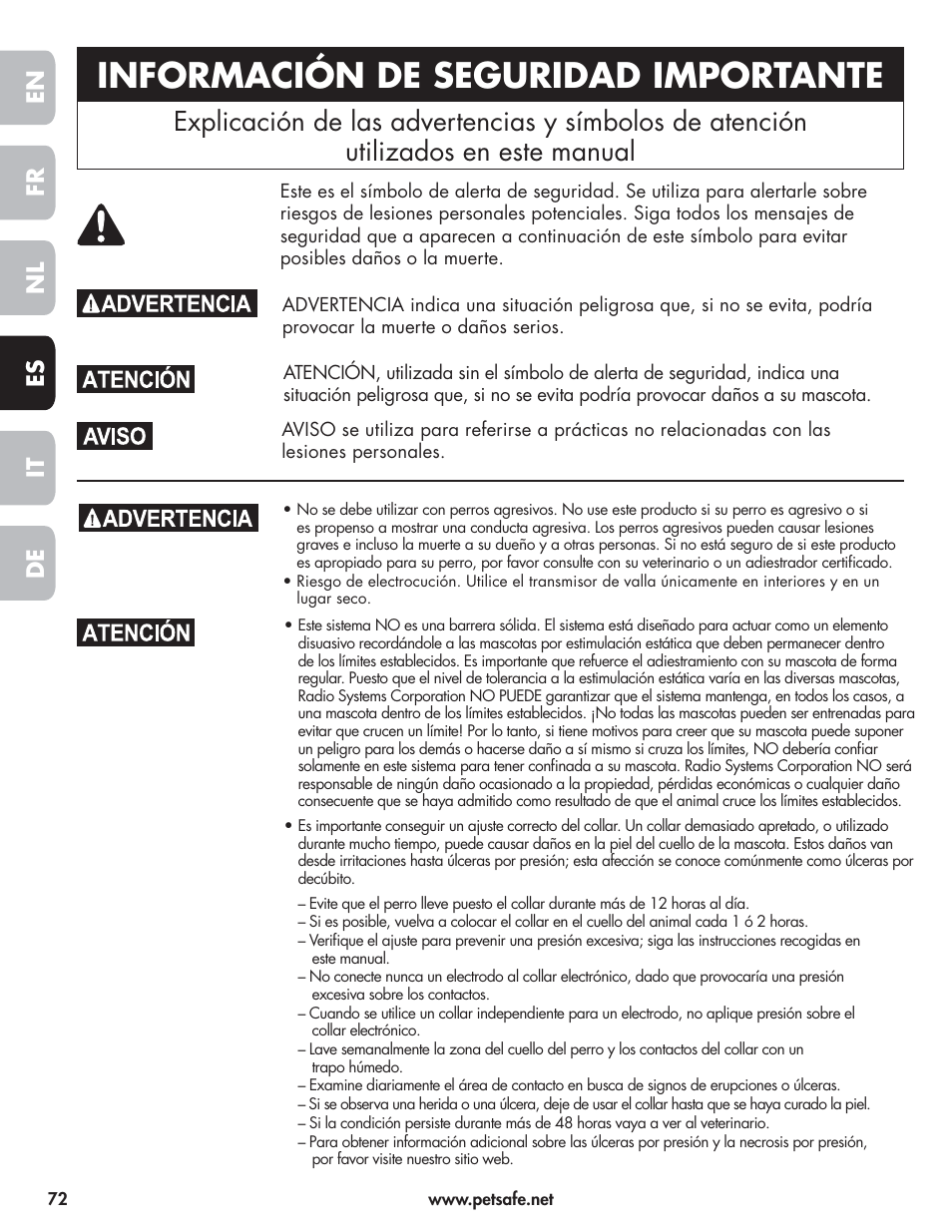 Información de seguridad importante, En fr es nl it de | Petsafe Wireless Pet Containment System PIF-300-21 User Manual | Page 72 / 144