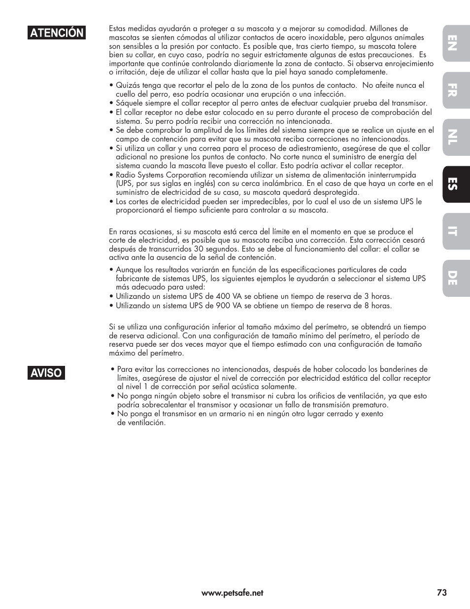 En fr es nl it de | Petsafe Wireless Pet Containment System PIF-300-21 User Manual | Page 73 / 144