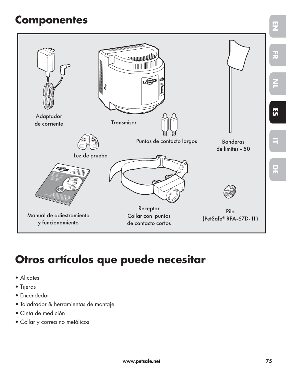 Componentes, Otros artículos que puede necesitar, En fr es nl it de | Petsafe Wireless Pet Containment System PIF-300-21 User Manual | Page 75 / 144