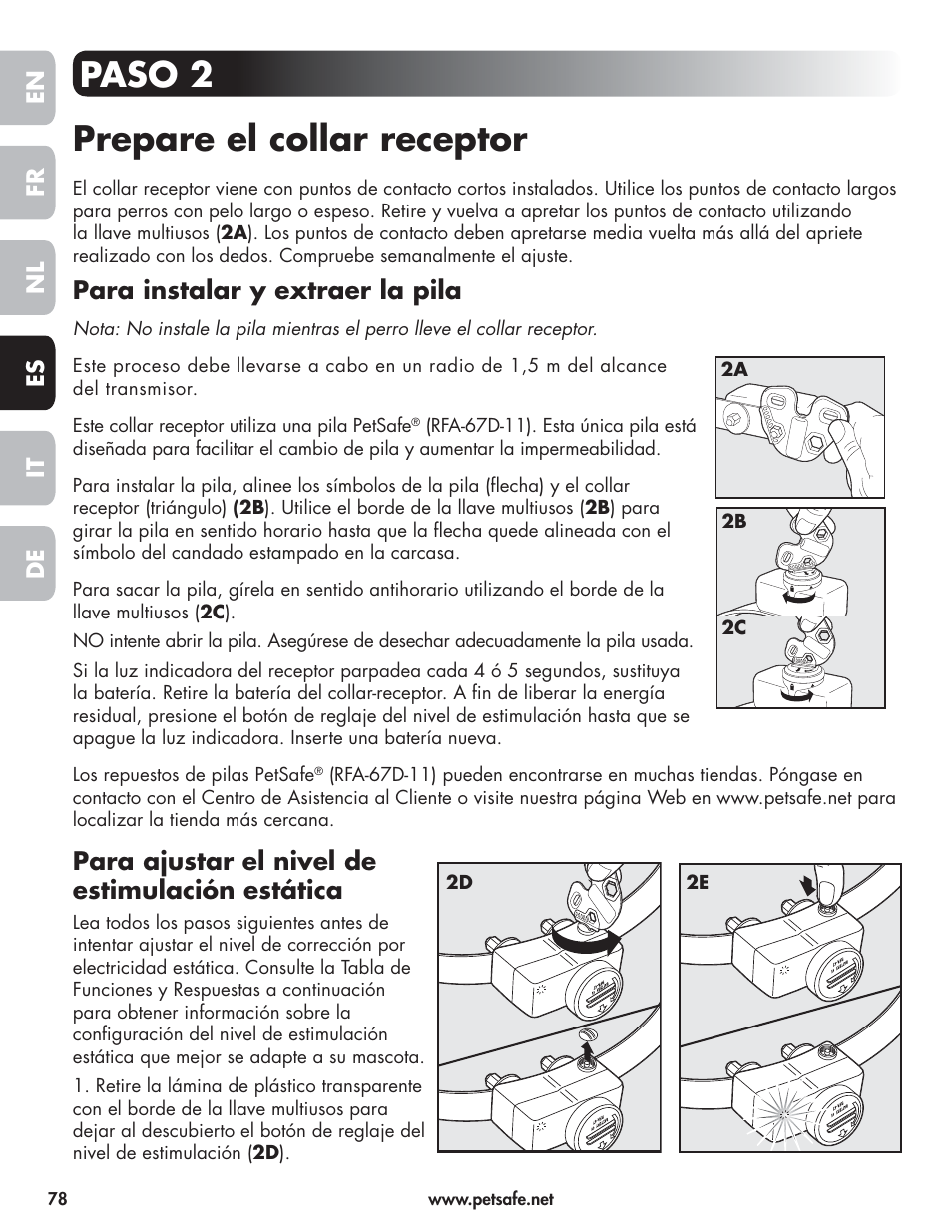 Paso 2 prepare el collar receptor, Para instalar y extraer la pila, Para ajustar el nivel de estimulación estática | Petsafe Wireless Pet Containment System PIF-300-21 User Manual | Page 78 / 144