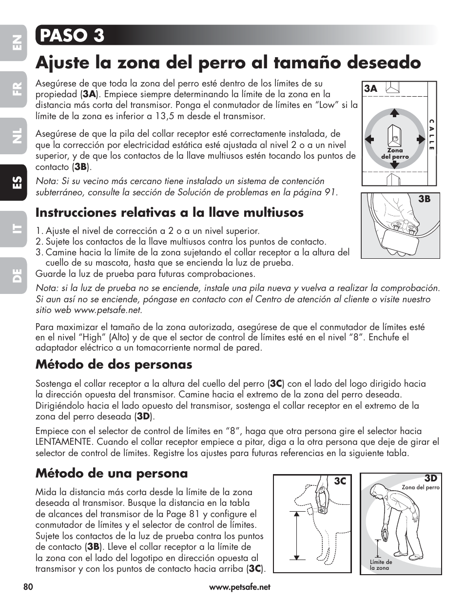 Paso 3 ajuste la zona del perro al tamaño deseado, Instrucciones relativas a la llave multiusos, Método de dos personas | Método de una persona, En fr es nl it de | Petsafe Wireless Pet Containment System PIF-300-21 User Manual | Page 80 / 144