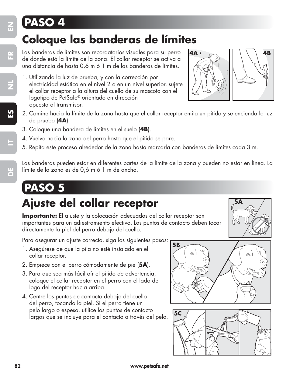 Paso 4 coloque las banderas de límites, Paso 5 ajuste del collar receptor, En fr es nl it de | Petsafe Wireless Pet Containment System PIF-300-21 User Manual | Page 82 / 144