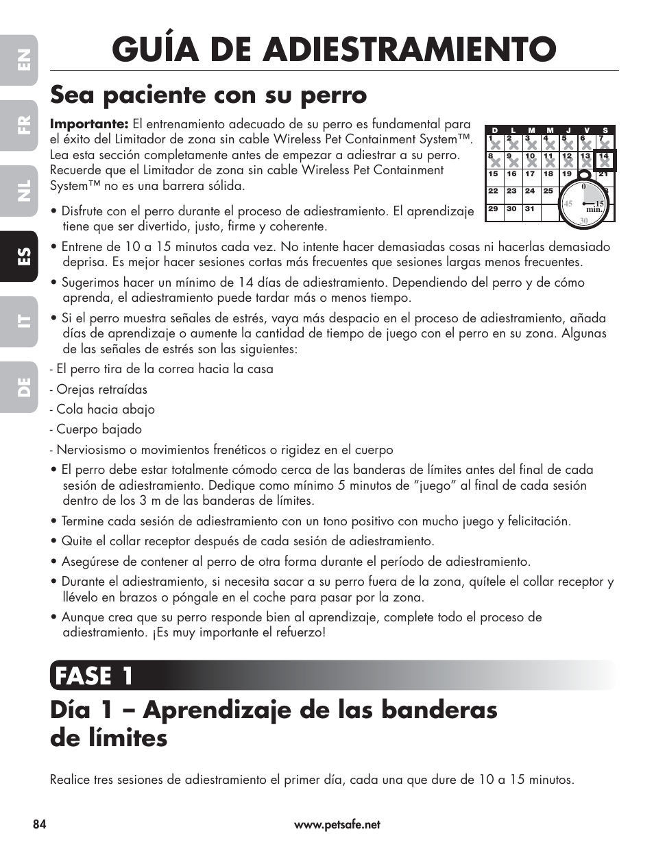 Guía de adiestramiento, Sea paciente con su perro, En fr es nl it de | Petsafe Wireless Pet Containment System PIF-300-21 User Manual | Page 84 / 144