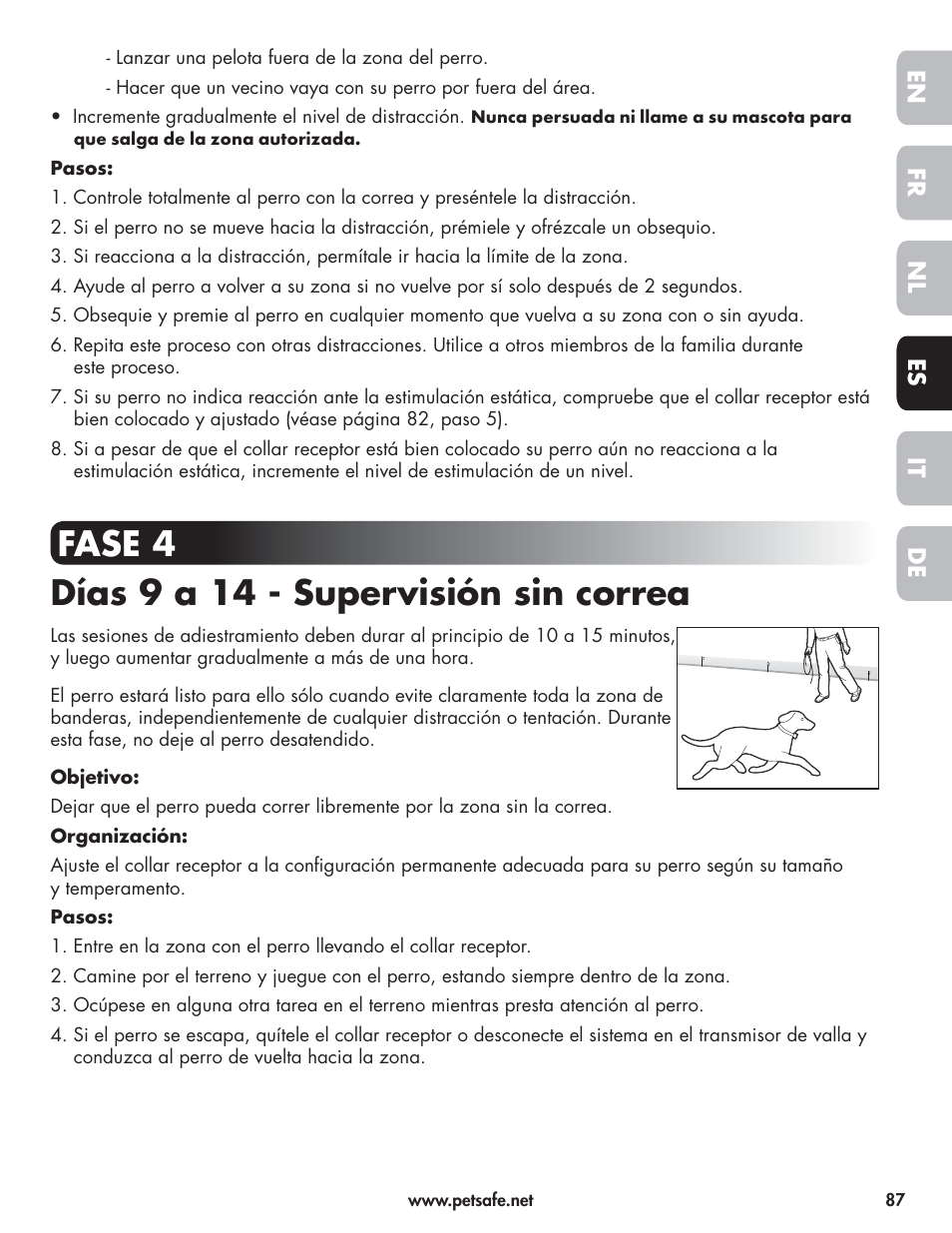 Fase 4 días 9 a 14 - supervisión sin correa | Petsafe Wireless Pet Containment System PIF-300-21 User Manual | Page 87 / 144