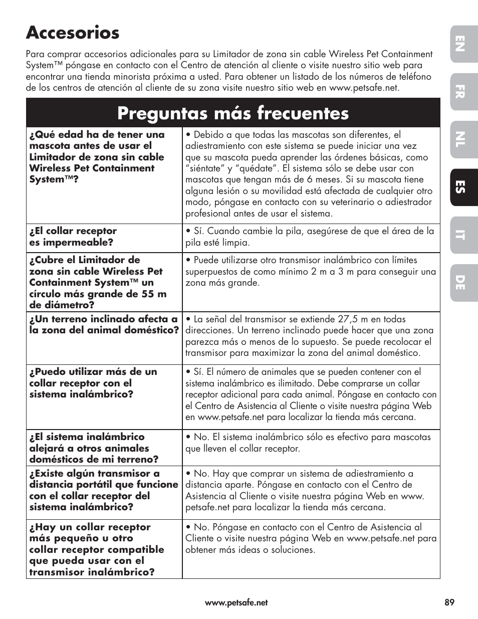 Accesorios, Preguntas más frecuentes | Petsafe Wireless Pet Containment System PIF-300-21 User Manual | Page 89 / 144