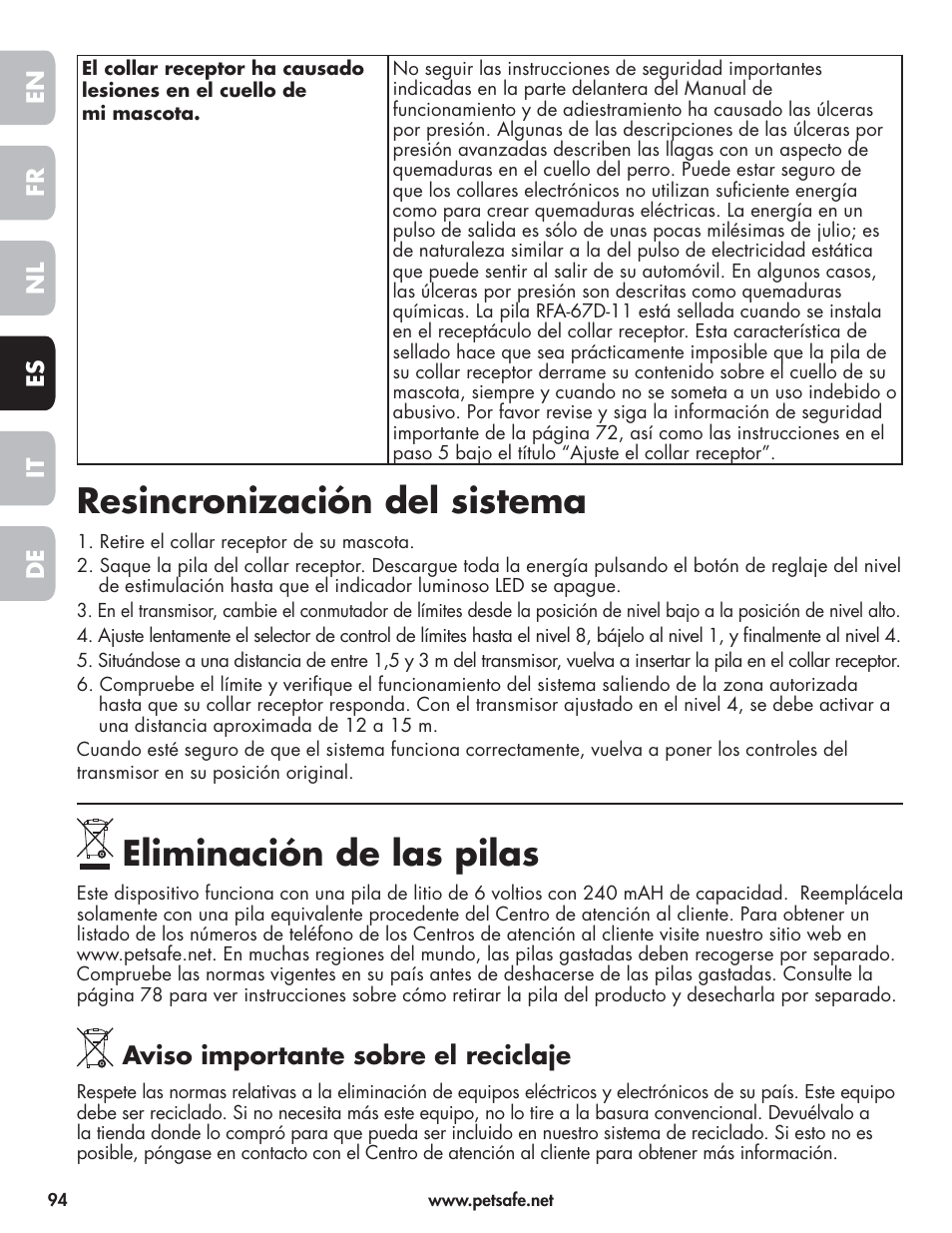 Resincronización del sistema, Eliminación de las pilas | Petsafe Wireless Pet Containment System PIF-300-21 User Manual | Page 94 / 144