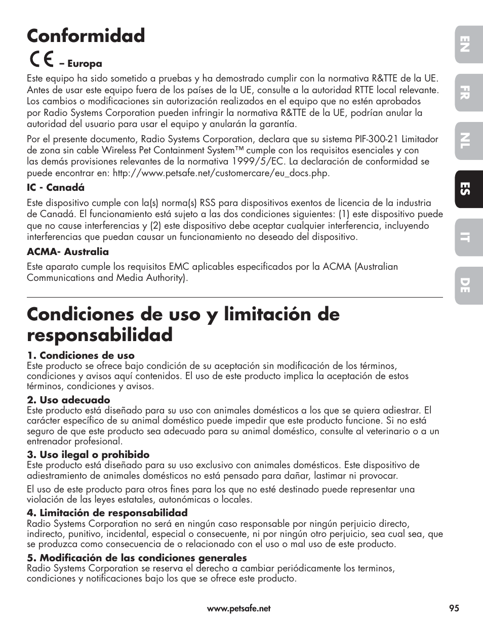 Conformidad, Condiciones de uso y limitación de responsabilidad | Petsafe Wireless Pet Containment System PIF-300-21 User Manual | Page 95 / 144