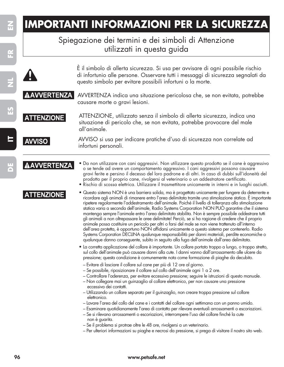 Importanti informazioni per la sicurezza, En fr es nl it de | Petsafe Wireless Pet Containment System PIF-300-21 User Manual | Page 96 / 144
