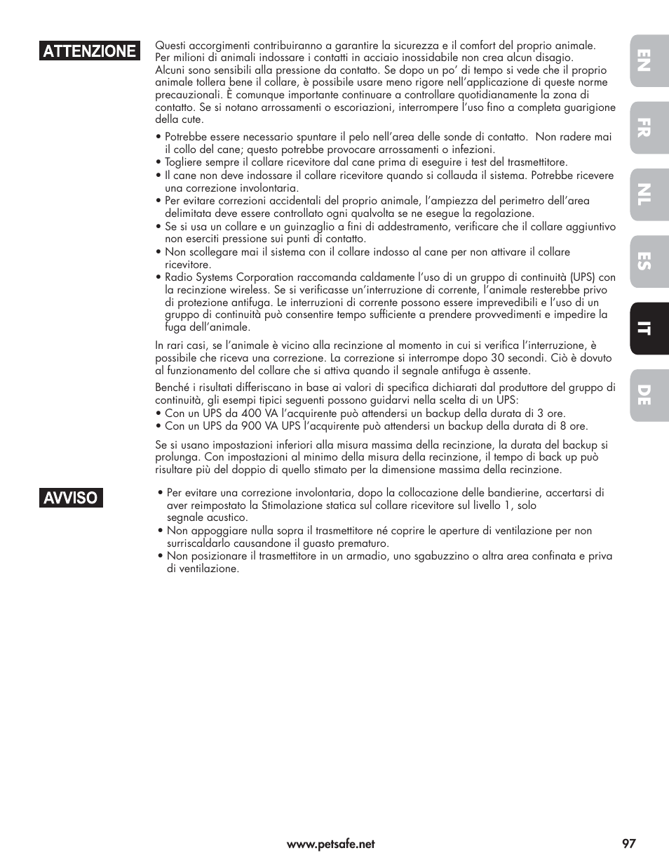 En fr es nl it de | Petsafe Wireless Pet Containment System PIF-300-21 User Manual | Page 97 / 144