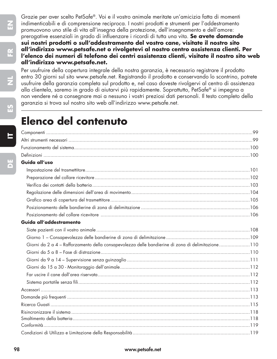 Elenco del contenuto, En fr es nl it de | Petsafe Wireless Pet Containment System PIF-300-21 User Manual | Page 98 / 144