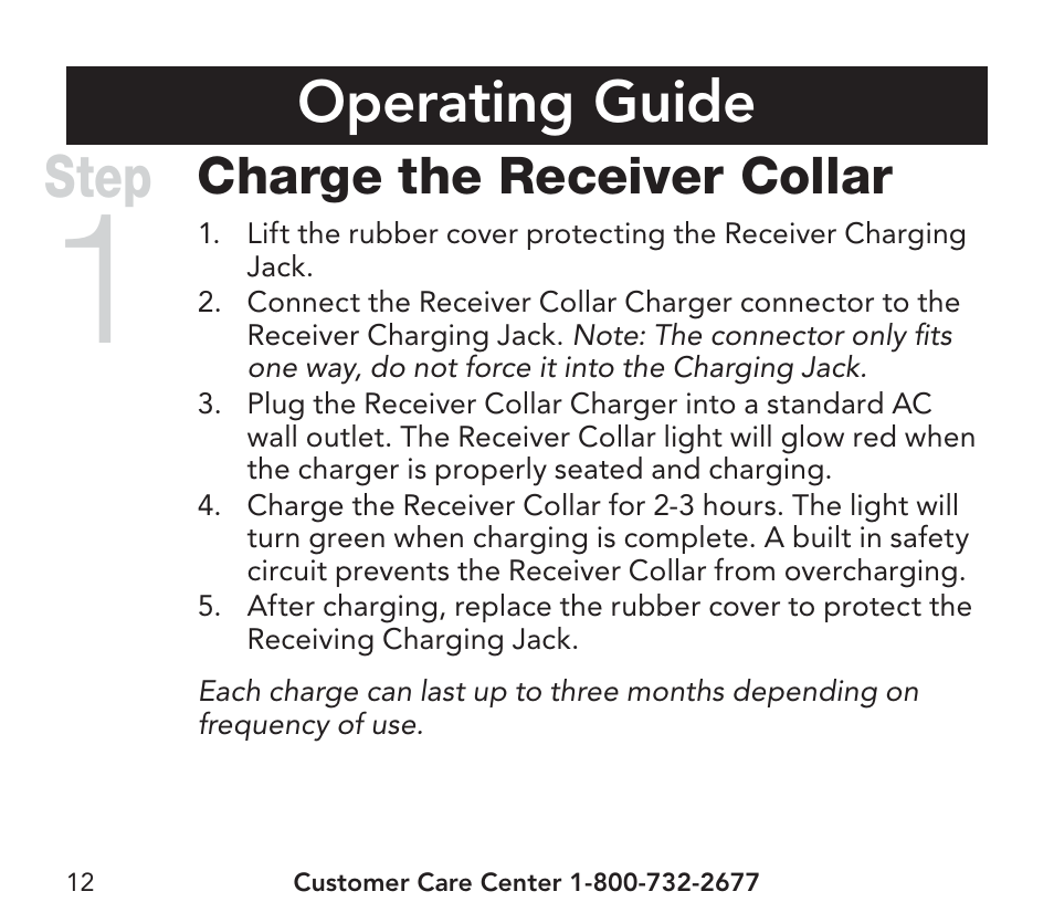 Operating guide, Step, Charge the receiver collar | Petsafe YardMax™ Rechargeable In-Ground Fence Add-A-Dog® Extra Receiver Collar User Manual | Page 12 / 44