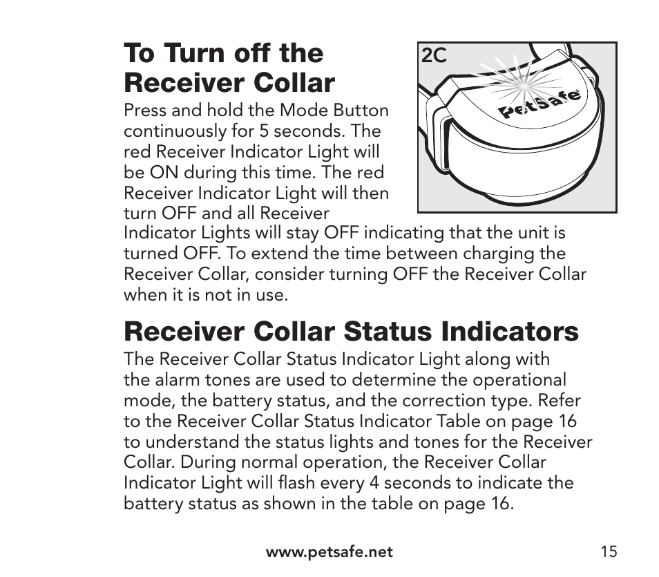 Receiver collar status indicators | Petsafe YardMax™ Rechargeable In-Ground Fence Add-A-Dog® Extra Receiver Collar User Manual | Page 15 / 44