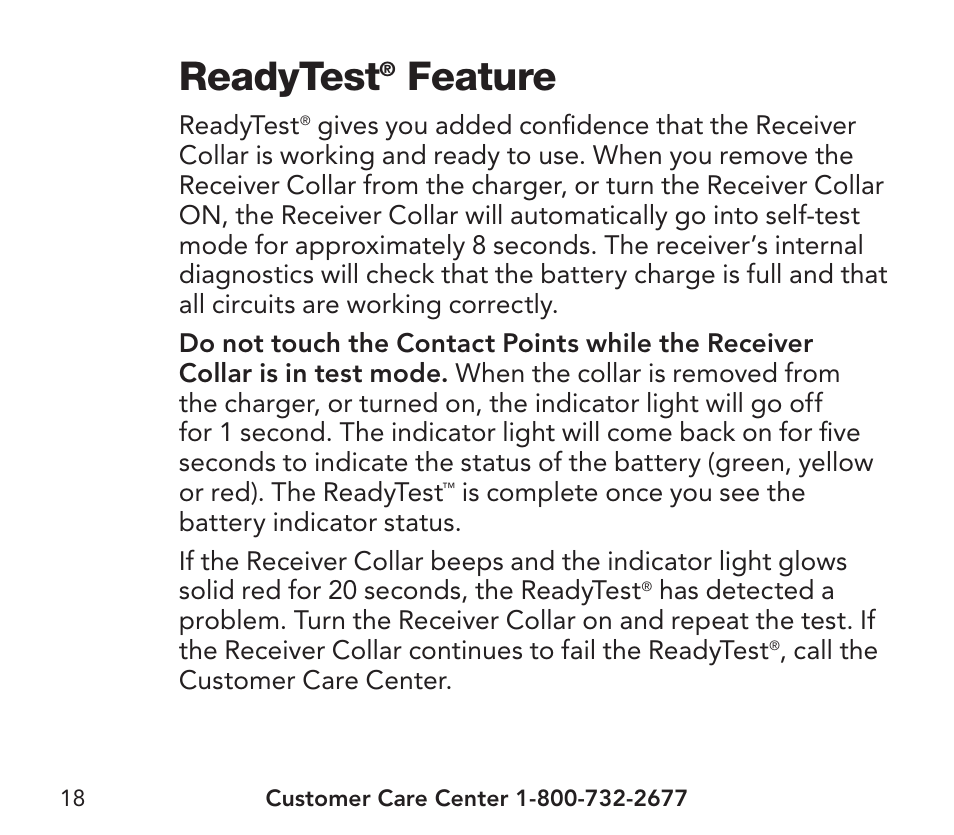 Readytest, Feature | Petsafe YardMax™ Rechargeable In-Ground Fence Add-A-Dog® Extra Receiver Collar User Manual | Page 18 / 44