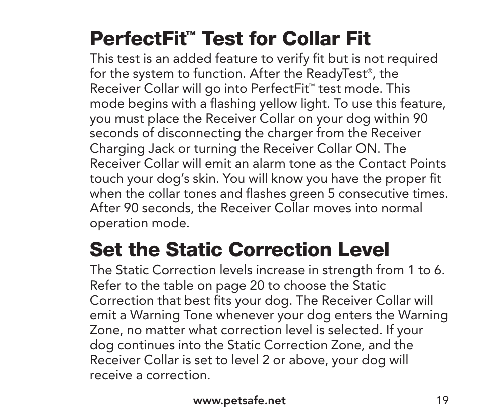 Perfectfit, Test for collar fit, Set the static correction level | Petsafe YardMax™ Rechargeable In-Ground Fence Add-A-Dog® Extra Receiver Collar User Manual | Page 19 / 44