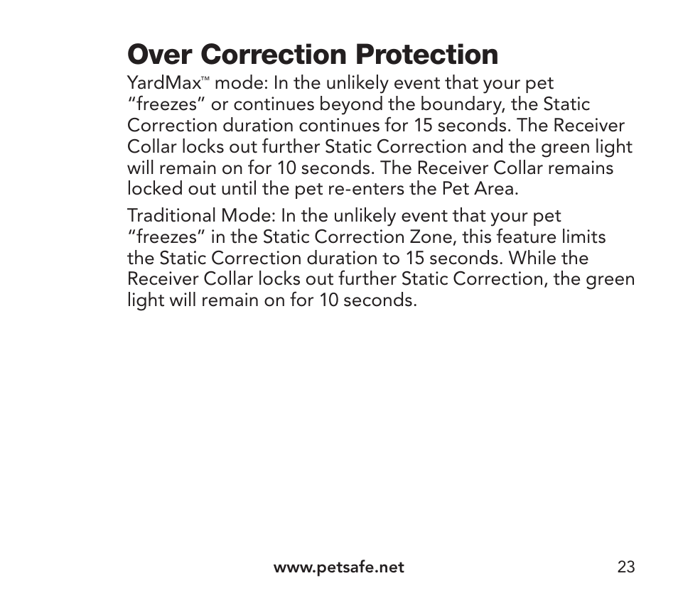 Over correction protection | Petsafe YardMax™ Rechargeable In-Ground Fence Add-A-Dog® Extra Receiver Collar User Manual | Page 23 / 44