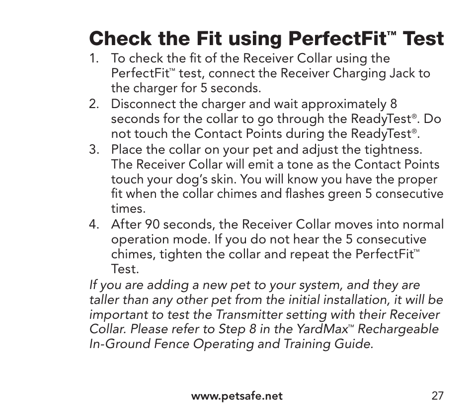 Check the fit using perfectfit, Test | Petsafe YardMax™ Rechargeable In-Ground Fence Add-A-Dog® Extra Receiver Collar User Manual | Page 27 / 44