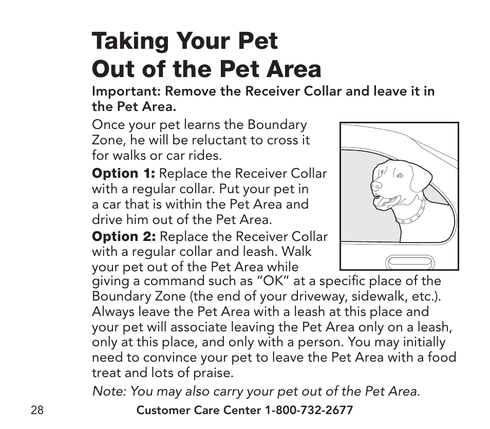 Taking your pet out of the pet area | Petsafe YardMax™ Rechargeable In-Ground Fence Add-A-Dog® Extra Receiver Collar User Manual | Page 28 / 44