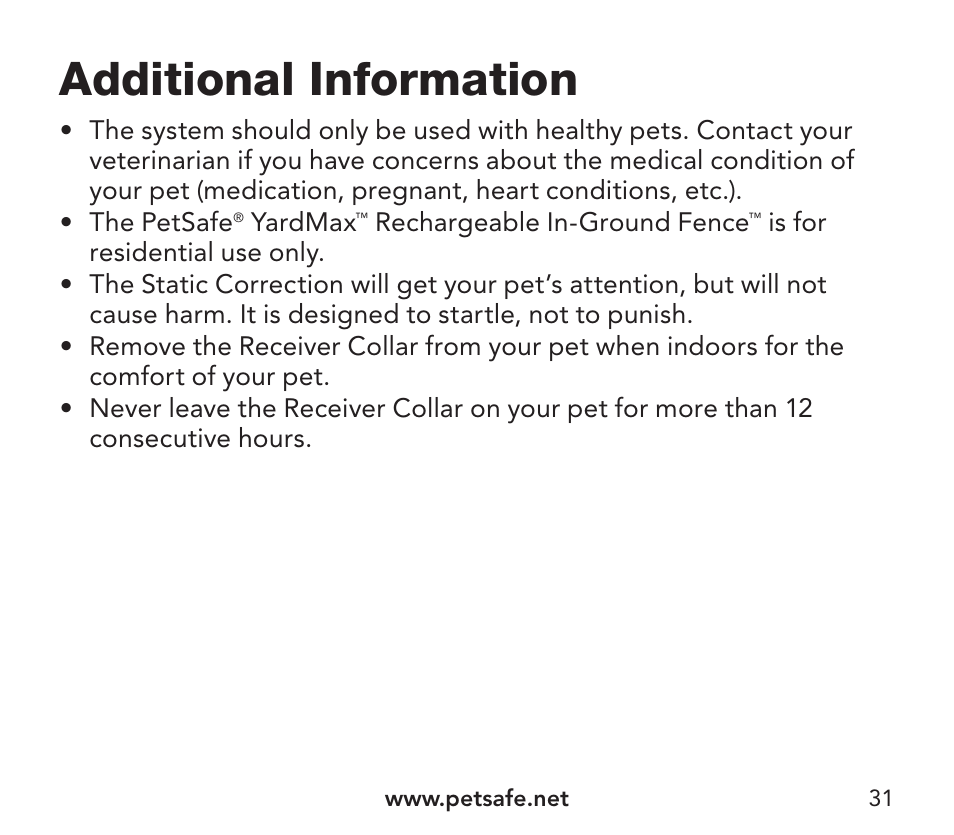 Additional information | Petsafe YardMax™ Rechargeable In-Ground Fence Add-A-Dog® Extra Receiver Collar User Manual | Page 31 / 44