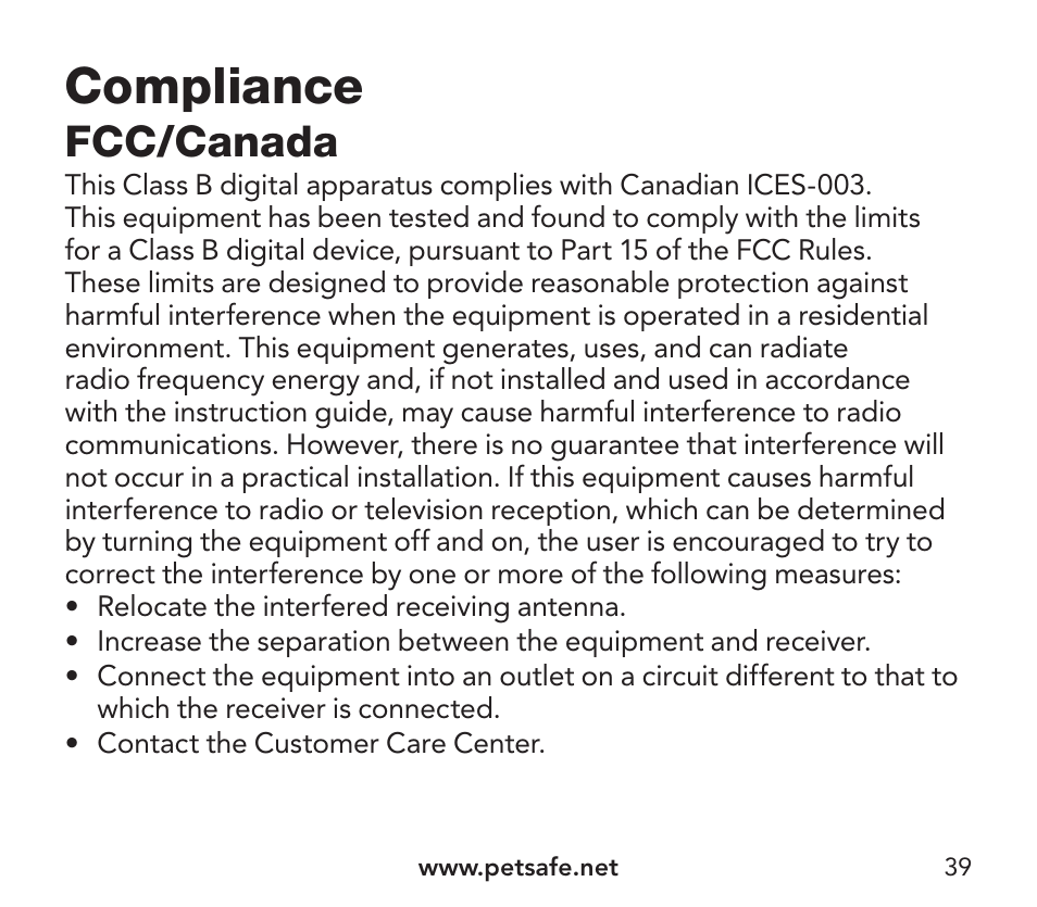 Compliance, Fcc/canada | Petsafe YardMax™ Rechargeable In-Ground Fence Add-A-Dog® Extra Receiver Collar User Manual | Page 39 / 44