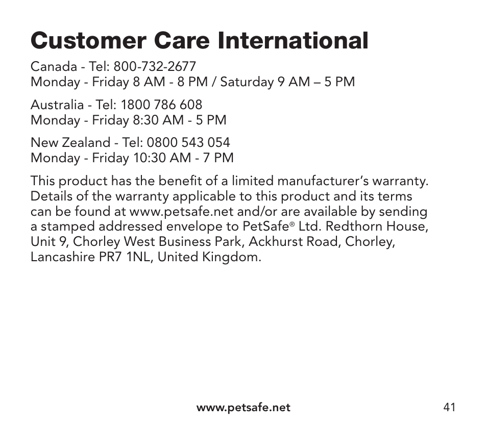 Customer care international | Petsafe YardMax™ Rechargeable In-Ground Fence Add-A-Dog® Extra Receiver Collar User Manual | Page 41 / 44